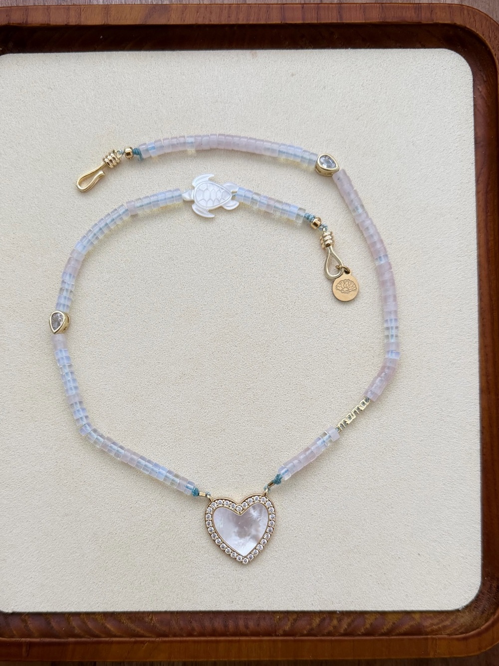 Gold Heart Pendant Beaded Necklace - Pink/Iridescent